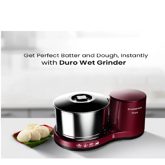Crompton Greaves Duro 2-L Wet Grinder with Motor Vent-X Technology 1 Jar with Coconut Scrapper and Atta Kneader Accessories (Cherry Brown)