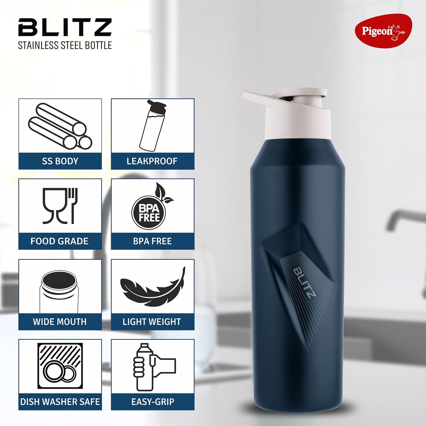 Pigeon Blitz Stainless Steel Water Bottle With Sipper Cap | Eco friendly | BPA Free | Water Bottle for Office, Gym, School, Yoga, Trekking, Adults & Kids| 975 ML, Blue