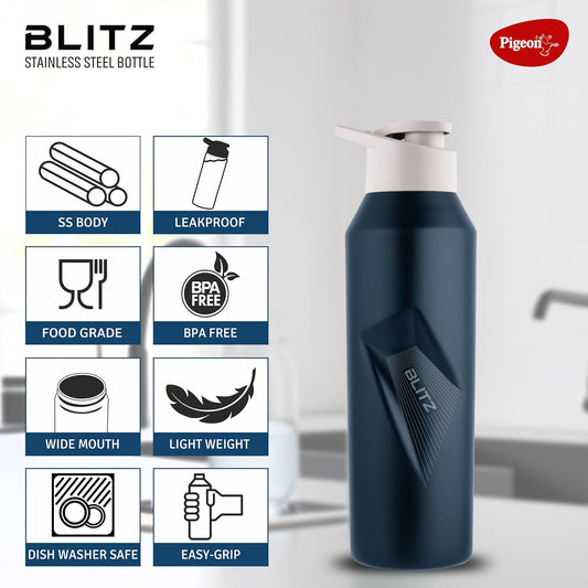 Pigeon Blitz Stainless Steel Water Bottle With Sipper Cap | Eco friendly | BPA Free | Water Bottle for Office, Gym, School, Yoga, Trekking, Adults & Kids| 975 ML, Blue