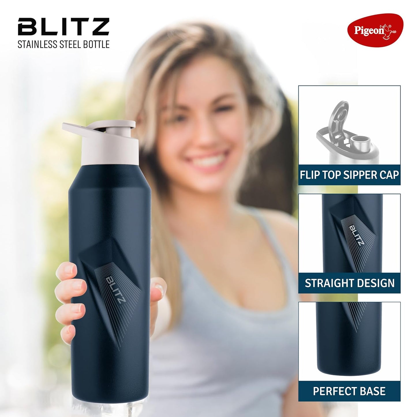 Pigeon Blitz Stainless Steel Water Bottle With Sipper Cap | Eco friendly | BPA Free | Water Bottle for Office, Gym, School, Yoga, Trekking, Adults & Kids| 975 ML, Blue