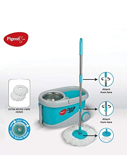 Pigeon Clean Easy Deluxe Spin Mop with Big Wheels and Stainless Steel Wringer (Aqua Green, 2 Refills)