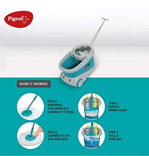Pigeon Clean Easy Deluxe Spin Mop with Big Wheels and Stainless Steel Wringer (Aqua Green, 2 Refills)