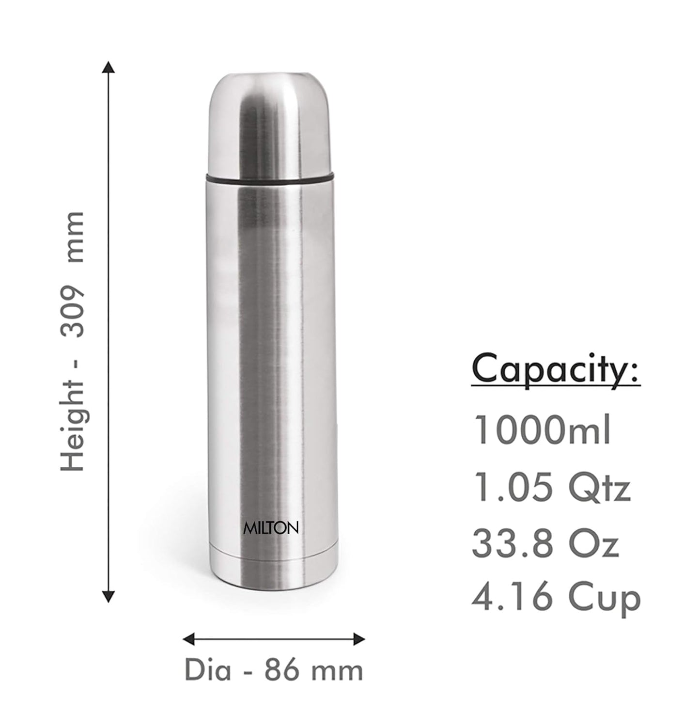 Milton Plain Lid 1000 Thermosteel Water Bottle 1 LTR, 24 Hr Hot and Cold I Leak Proof Lid, ISI Certified I Vacuum Insulated I for Office, Gym, School I Silver