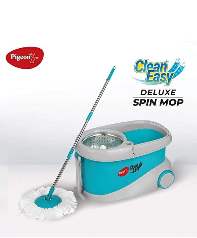 Pigeon Clean Easy Deluxe Spin Mop with Big Wheels and Stainless Steel Wringer (Aqua Green, 2 Refills)