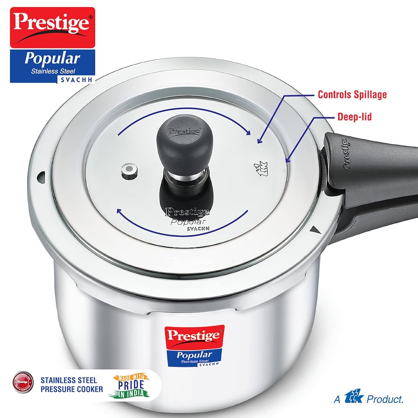 Prestige 2L Popular Svachh Aluminium Outer Lid Pressure Cooker|Ideal for 2-3 Persons|Deep lid for Spillage Control|5 Years Warranty