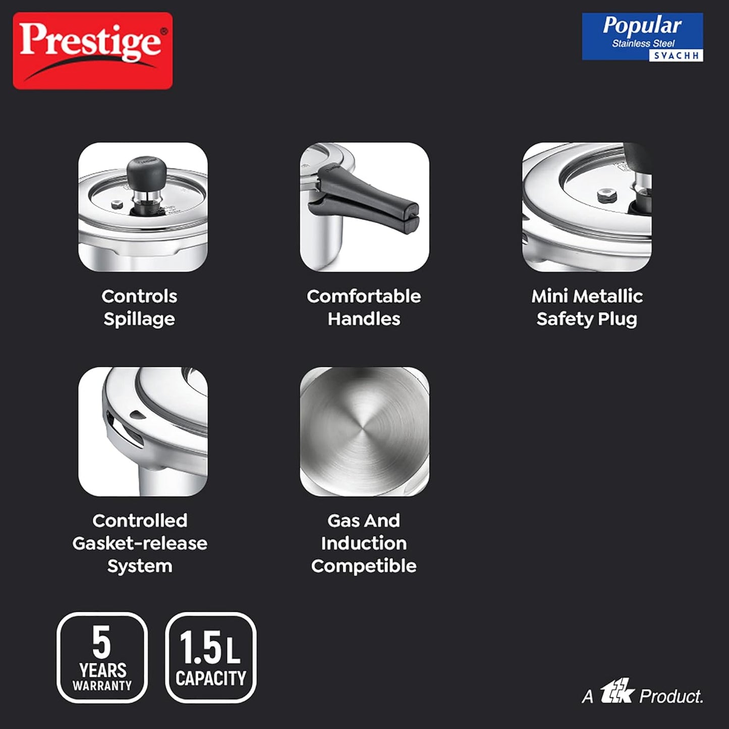 Prestige 2L Popular Svachh Aluminium Outer Lid Pressure Cooker|Ideal for 2-3 Persons|Deep lid for Spillage Control|5 Years Warranty
