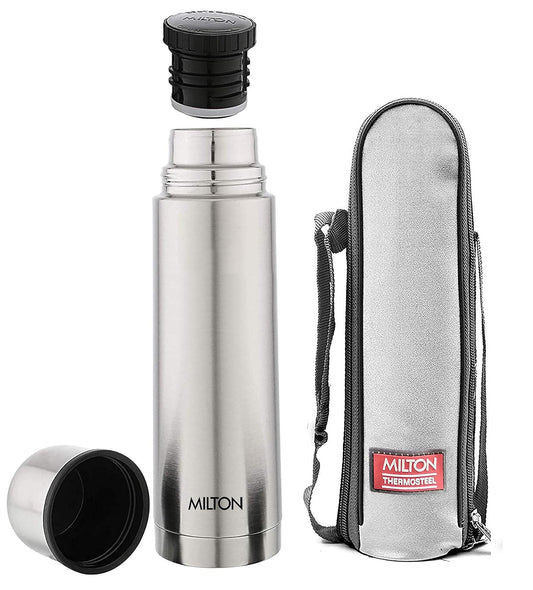 Milton Plain Lid 1000 Thermosteel Water Bottle 1 LTR, 24 Hr Hot and Cold I Leak Proof Lid, ISI Certified I Vacuum Insulated I for Office, Gym, School I Silver