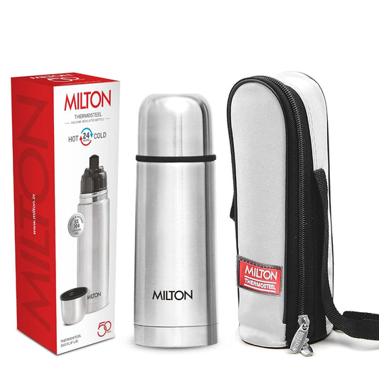 Milton Flip Lid 350 Thermosteel Water Bottle 350 ml, 24 Hr Hot and Cold I Leak Proof Lid with Jacket, ISI Certified I Vacuum Insulated I for Office, Gym, School I Silver