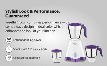Preethi Crown MG-205 500-Watt Mixer Grinder (White/Purple)