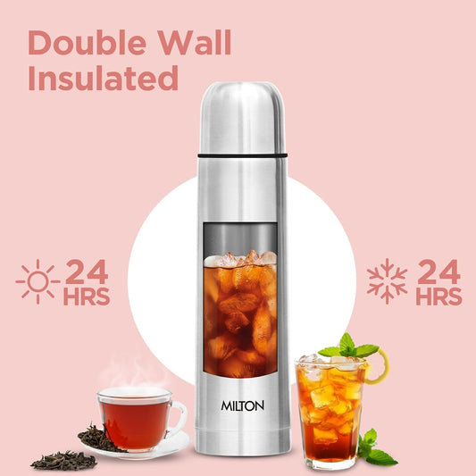 Milton Flip Lid 350 Thermosteel Water Bottle 350 ml, 24 Hr Hot and Cold I Leak Proof Lid with Jacket, ISI Certified I Vacuum Insulated I for Office, Gym, School I Silver