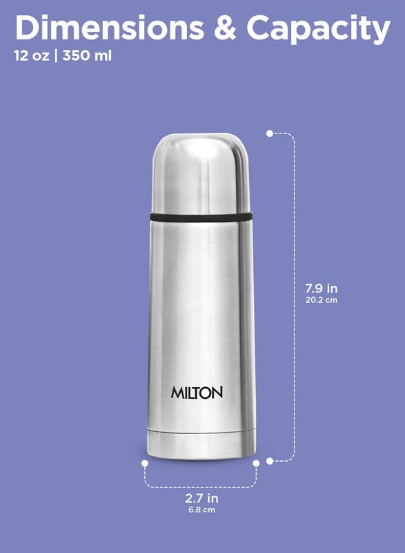 Milton Flip Lid 350 Thermosteel Water Bottle 350 ml, 24 Hr Hot and Cold I Leak Proof Lid with Jacket, ISI Certified I Vacuum Insulated I for Office, Gym, School I Silver