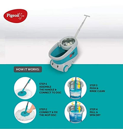 Pigeon Clean Easy Deluxe Spin Mop with Big Wheels and Stainless Steel Wringer (Aqua Green, 2 Refills)
