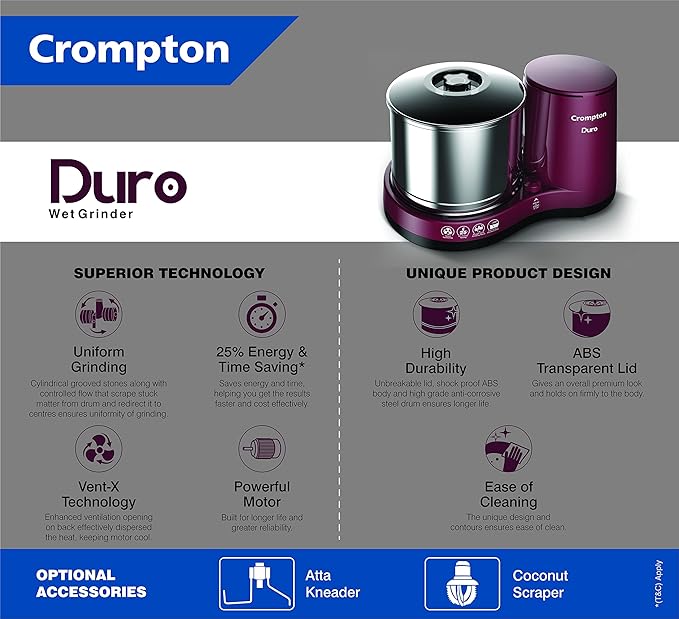 Crompton Greaves Duro 2-L Wet Grinder with Motor Vent-X Technology 1 Jar with Coconut Scrapper and Atta Kneader Accessories (Cherry Brown)